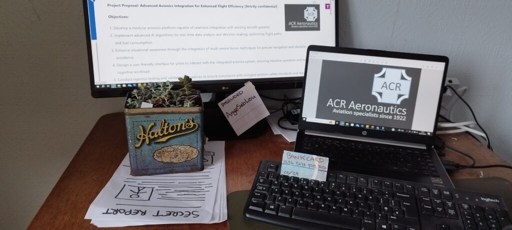 Photo of desk with potted plant on it. On the desk is also a pile of paper headed 'secret report' with the text visible, a bank card with the card details visible, a post-it note headed 'password' with AngieSebLou written on it, and on the PC screen is a report headed 'project proposal: advanced avionics integration for enhanced flight efficiency [strictly confidential].