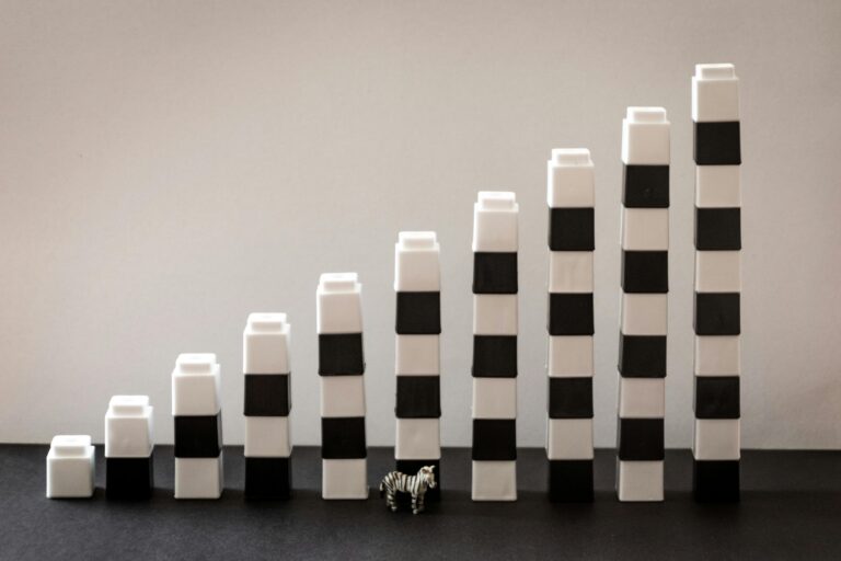 Black and white blocks steadily stacked, forming a gradual rise with a tiny zebra figurine in front.